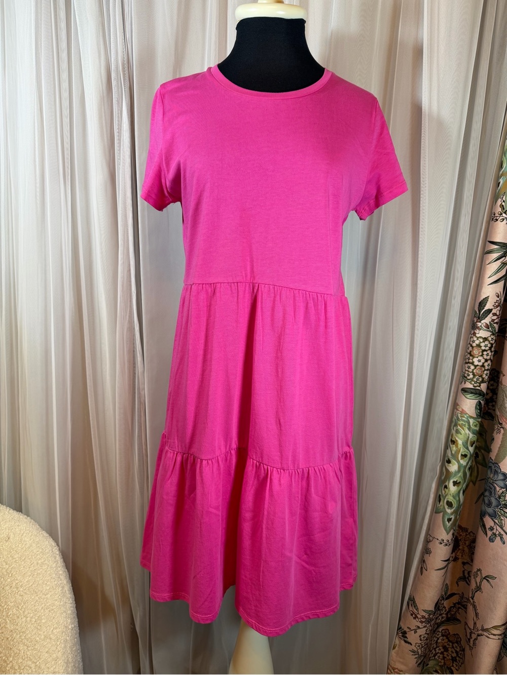 J. Crew Hot Pink Short Sleeve Tiered Dress